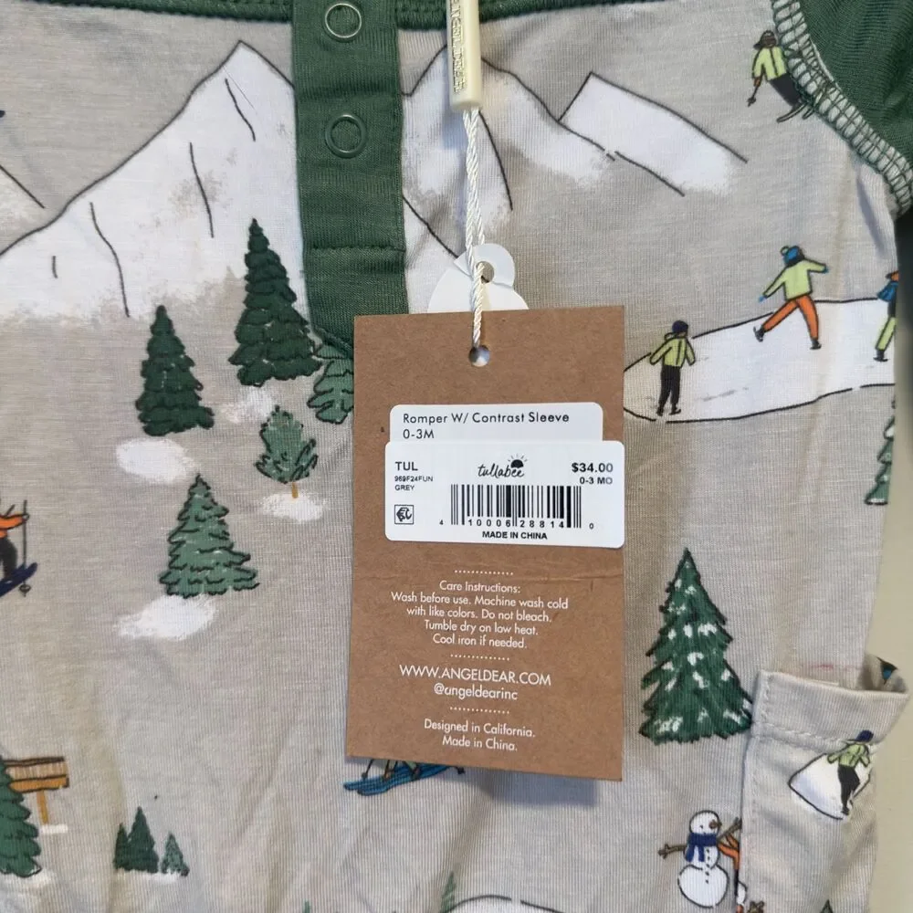 NWT Angel Dear Ski Print Romper with Contrast Sleeve - Size 0-3M
